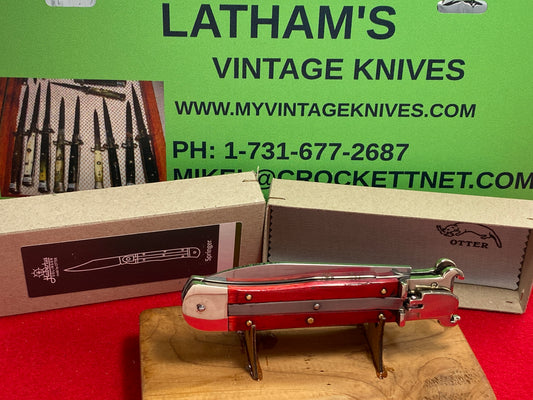 HUBERTUS CUTLERY BY OTTER PATRONENZIEHER SOLINGEN GERMANY 2024 LEVER AUTOMATIC SHELL PULLER 11 CM GERMAN AUTOMATIC KNIFE RED SMOOTH BONE HANDLES