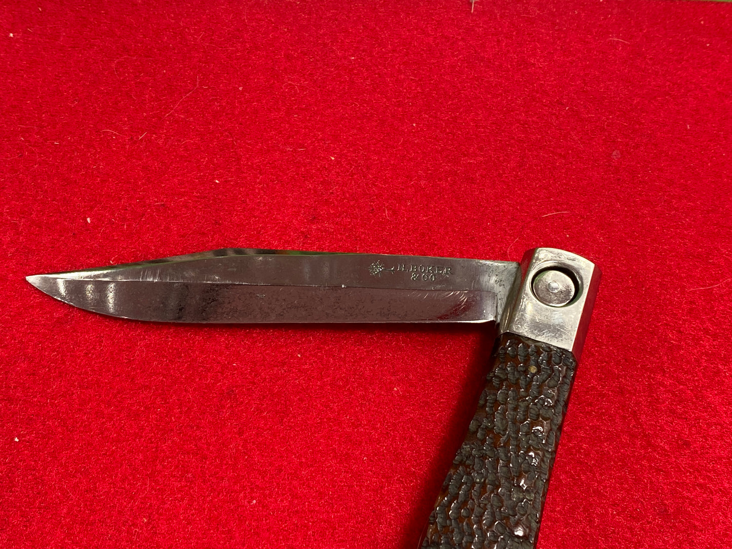 BOKER, H. & CO GERMANY 1900-15 PUSH BUTTON LARGE HUNTER RARE GERMAN AUTOMATIC KNIFE BONE HANDLES