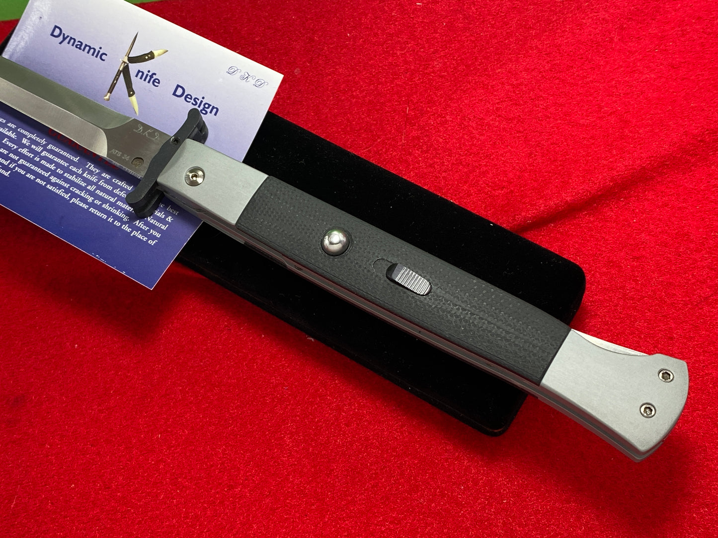 DYNAMIC KNIFE DESIGN (DKD) W.R. CLARK CUSTOM SWING GUARD THE PHANTOM 28 CM ITALIAN AUTOMATIC KNIFE GRAY FIBER G-10 HANDLES