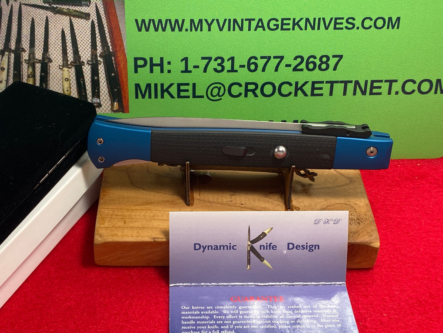 DYNAMIC KNIFE DESIGN (DKD) W.R. CLARK CUSTOM AUTOMATIC 2011 SWING GUARD PHANTOM STILETTO 28 CM ITALIAN AUTOMATIC KNIFE BLUE G-10 HANDLES