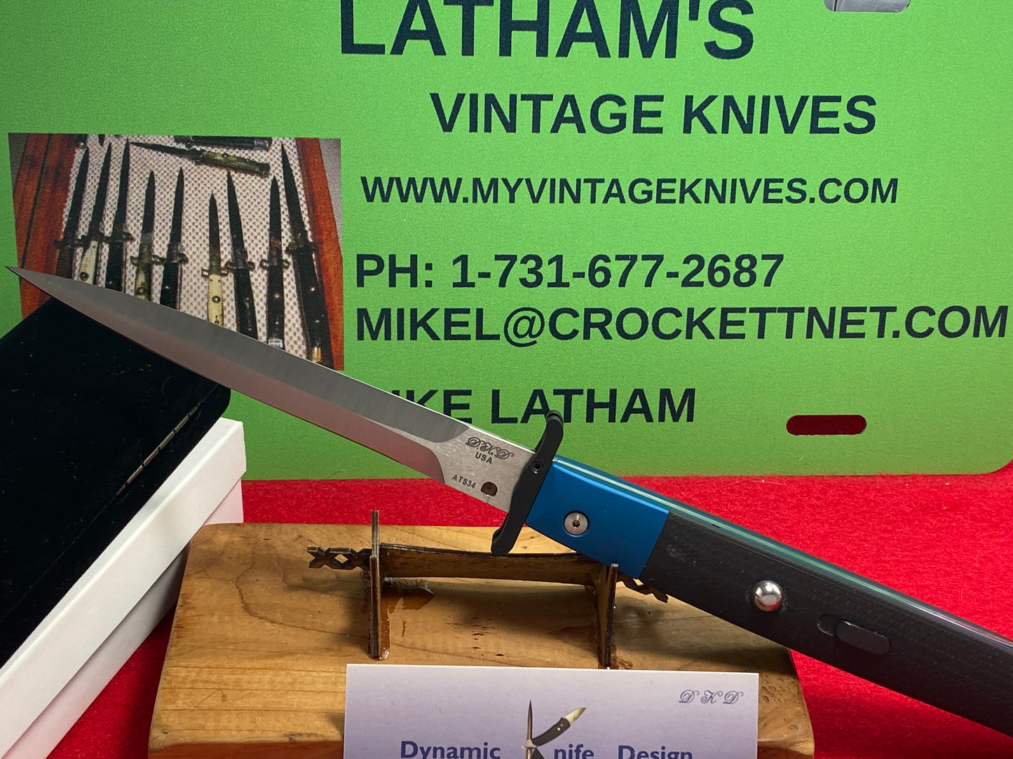 DYNAMIC KNIFE DESIGN (DKD) W.R. CLARK CUSTOM AUTOMATIC 2011 SWING GUARD PHANTOM STILETTO 28 CM ITALIAN AUTOMATIC KNIFE BLUE G-10 HANDLES