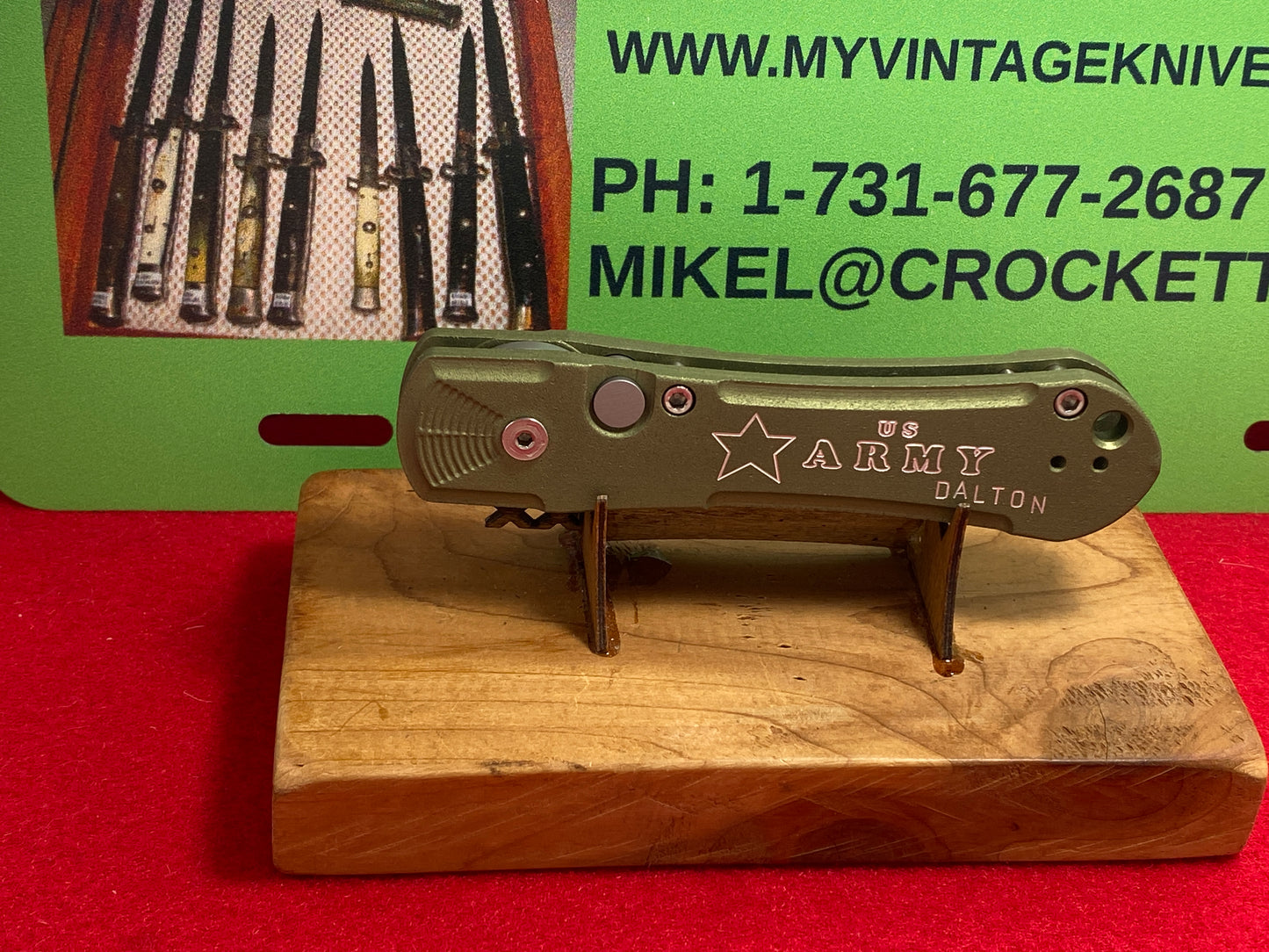 DALTON, ROB USA 1999-2005 CUSTOM AUTOMATIC US ARMY TACTICAL AUTOMATIC KNIFE GREEN METAL HANDLES