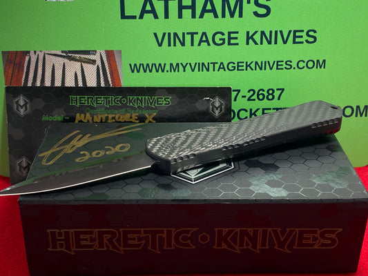 HERETIC KNIVES USA 5/2020 MANTICORE X OTF CARBON FIBER W/ FLAMED TITANIUM DLL S/N009 CUSTOM AUTOMATIC SIGNED BOX TACTICAL AUTOMATIC KNIFE LIMITED EDITION.