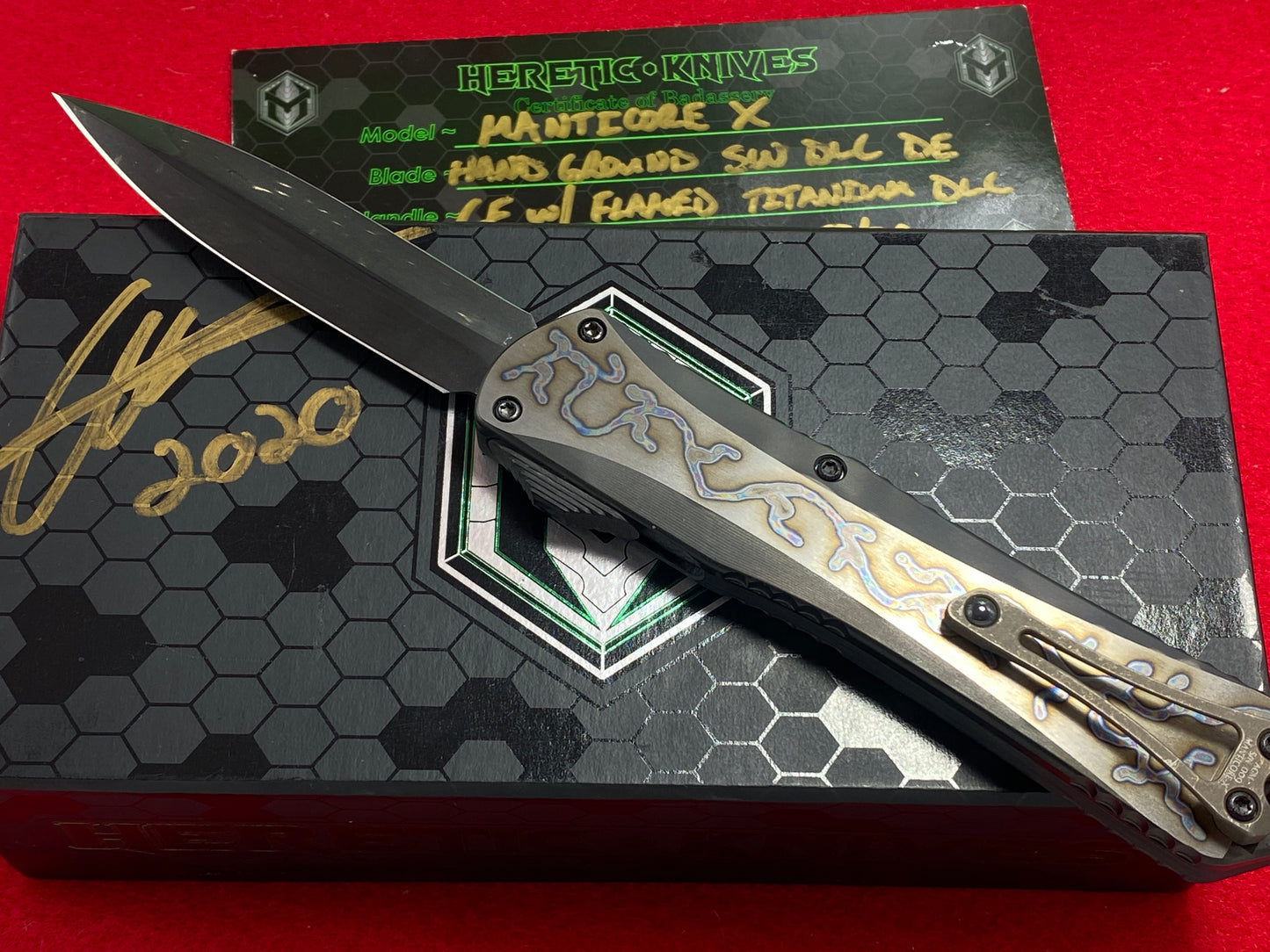 HERETIC KNIVES USA 5/2020 MANTICORE X OTF CARBON FIBER W/ FLAMED TITANIUM DLL S/N009 CUSTOM AUTOMATIC SIGNED BOX TACTICAL AUTOMATIC KNIFE LIMITED EDITION.