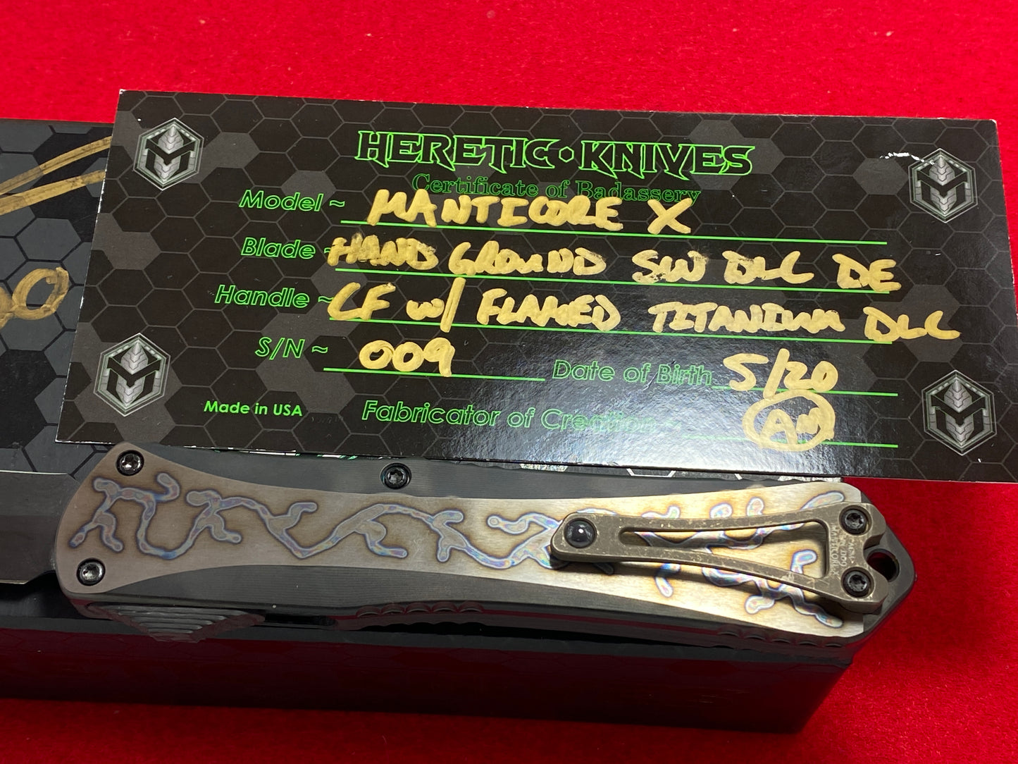 HERETIC KNIVES USA 5/2020 MANTICORE X OTF CARBON FIBER W/ FLAMED TITANIUM DLL S/N009 CUSTOM AUTOMATIC SIGNED BOX TACTICAL AUTOMATIC KNIFE LIMITED EDITION.