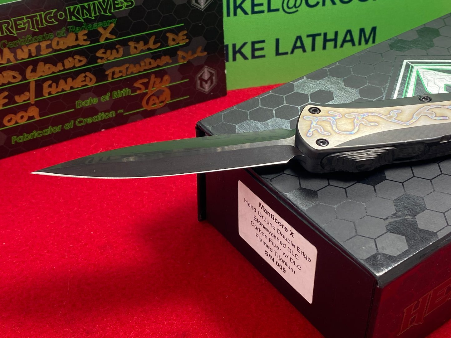 HERETIC KNIVES USA 5/2020 MANTICORE X OTF CARBON FIBER W/ FLAMED TITANIUM DLL S/N009 CUSTOM AUTOMATIC SIGNED BOX TACTICAL AUTOMATIC KNIFE LIMITED EDITION.