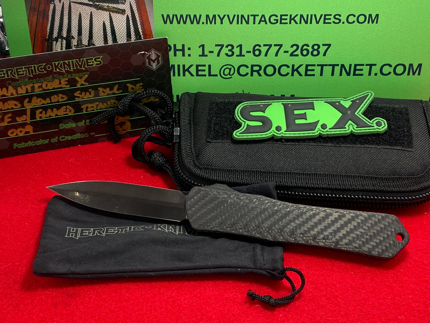 HERETIC KNIVES USA 5/2020 MANTICORE X OTF CARBON FIBER W/ FLAMED TITANIUM DLL S/N009 CUSTOM AUTOMATIC SIGNED BOX TACTICAL AUTOMATIC KNIFE LIMITED EDITION.