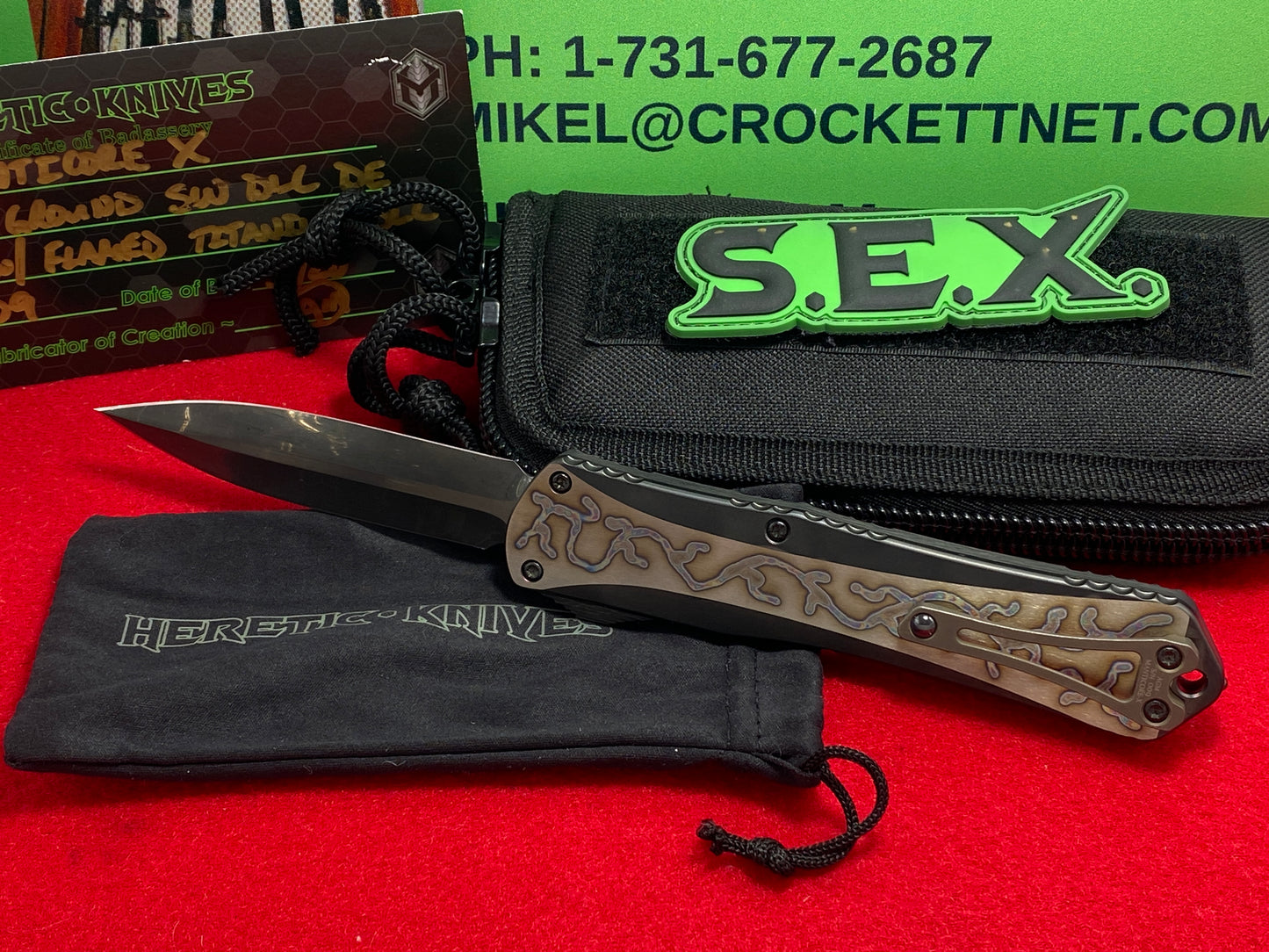 HERETIC KNIVES USA 5/2020 MANTICORE X OTF CARBON FIBER W/ FLAMED TITANIUM DLL S/N009 CUSTOM AUTOMATIC SIGNED BOX TACTICAL AUTOMATIC KNIFE LIMITED EDITION.