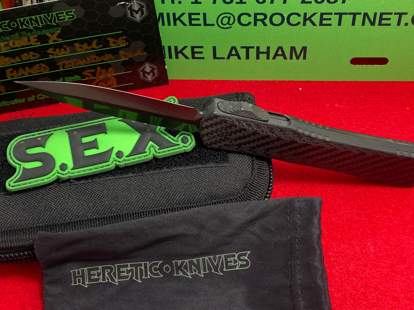 HERETIC KNIVES USA 5/2020 MANTICORE X OTF CARBON FIBER W/ FLAMED TITANIUM DLL S/N009 CUSTOM AUTOMATIC SIGNED BOX TACTICAL AUTOMATIC KNIFE LIMITED EDITION.