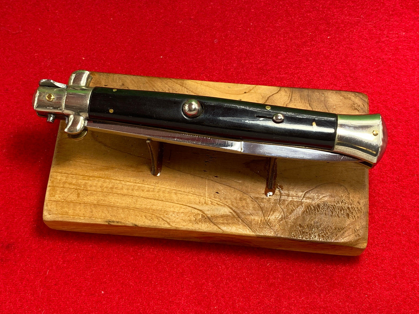 RAIMONDO SPRING ROSTFREI ITALY 1950-54 PICK LOCK STILETTO 28 CM ITALIAN AUTOMATIC KNIFE BLACK COMPOSITION HANDLES