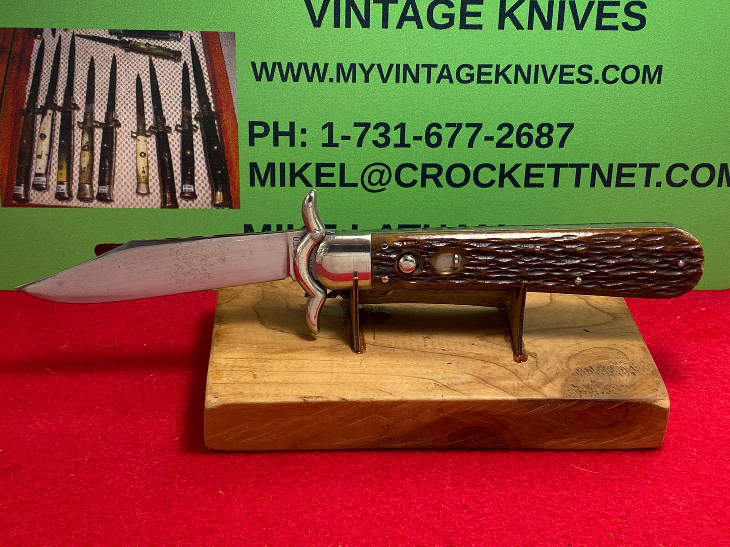 PRESTO GEO. SCHRADE BRIDGEPORT CONN. 1929-56 SWING "W" GUARDS 5" AMERICAN AUTOMATIC KNIFE BROWN JIGGED BONE HANDLES