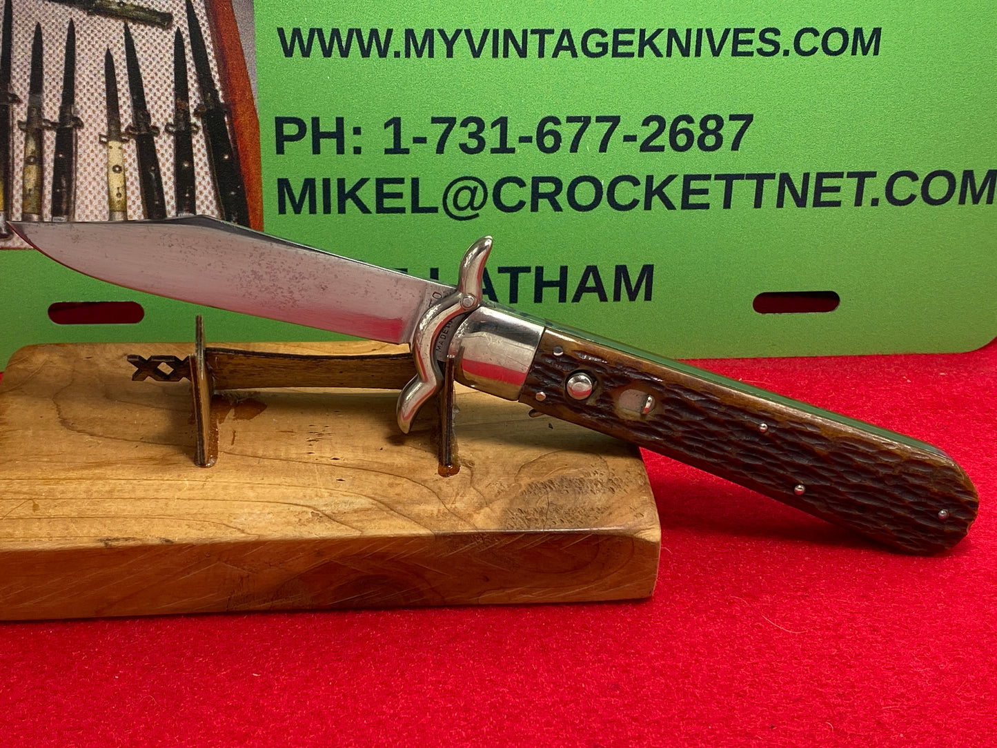 PRESTO GEO. SCHRADE BRIDGEPORT CONN. 1929-56 SWING "W" GUARDS 5" AMERICAN AUTOMATIC KNIFE BROWN JIGGED BONE HANDLES