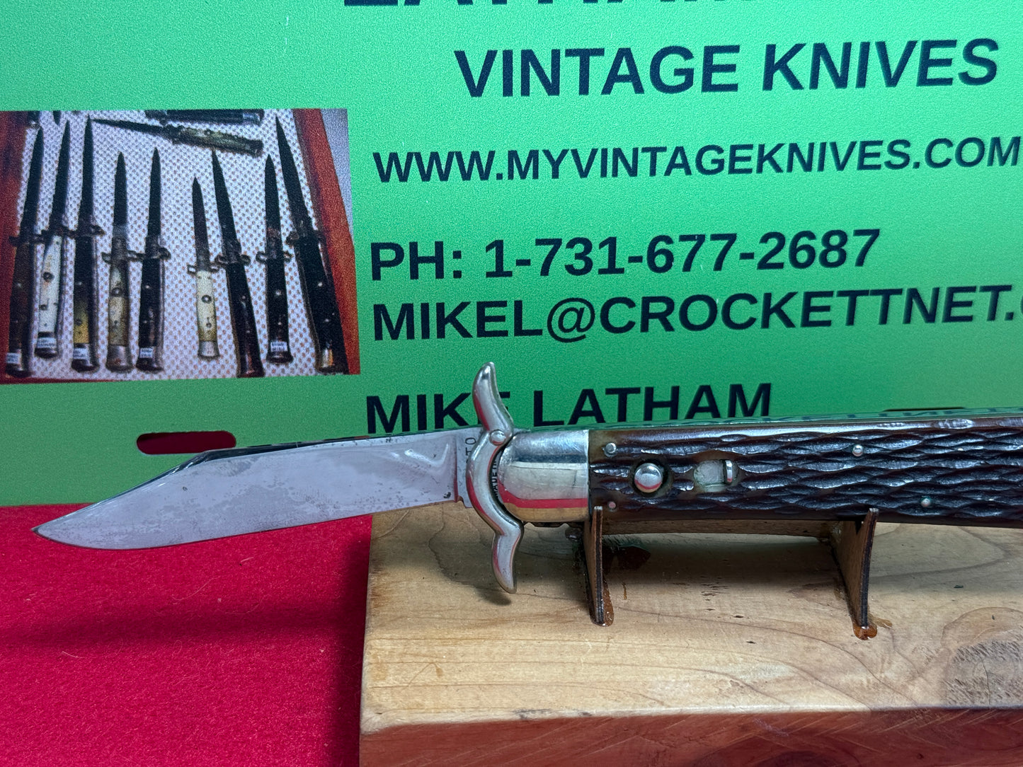 PRESTO GEO. SCHRADE BRIDGEPORT CONN. 1930-46 "W" LAZY GUARD SWING GUARD VINTAGE AMERICAN AUTOMATIC KNIFE BONE HANDLES