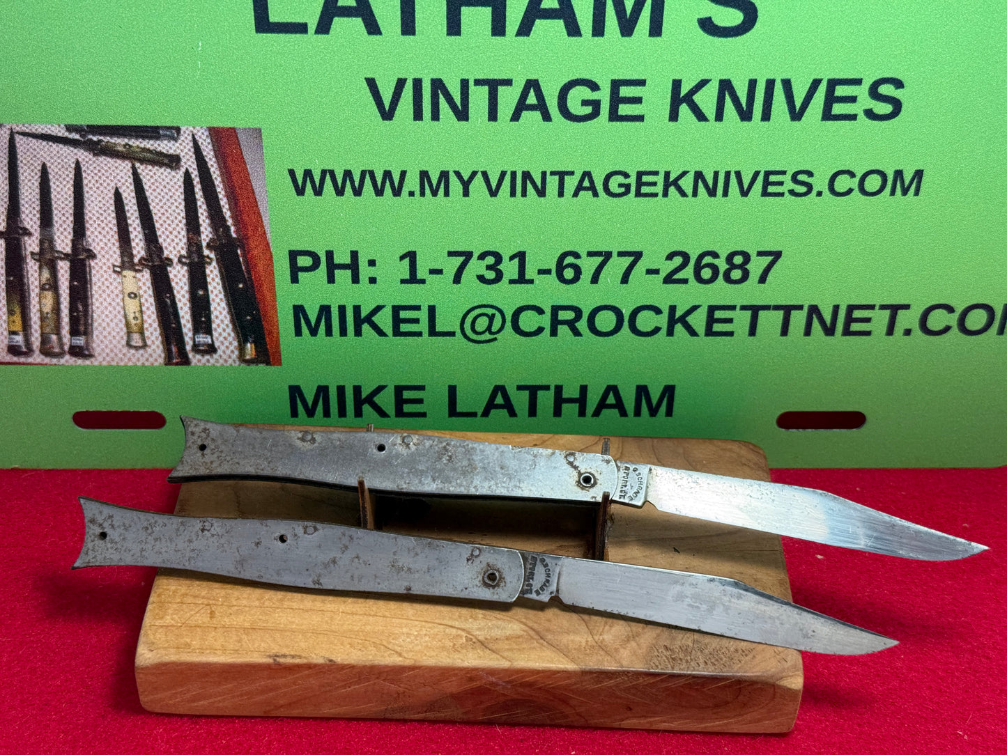 PRESTO GEO. SCHRADE BRIDGEPORT CONN. 1930-56--PARTS--2 FOR 1 PRICE-BLADES AND BODIES-- FISH TAIL 4"--VINTAGE AMERICAN AUTOMATIC KNIFE--NO HANDLES