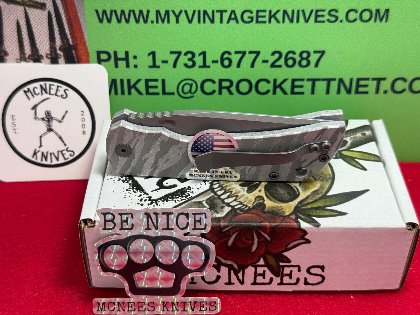 McNEES KNIVES USA 11/24 CUSTOM AUTOMATIC AUTOMAC CPM MAGNACUT MCN-PM-MAC-2 ATOMIC TIGER STRIPES TACTICAL AUTOMATIC KNIFE ALUMINUM HANDLES