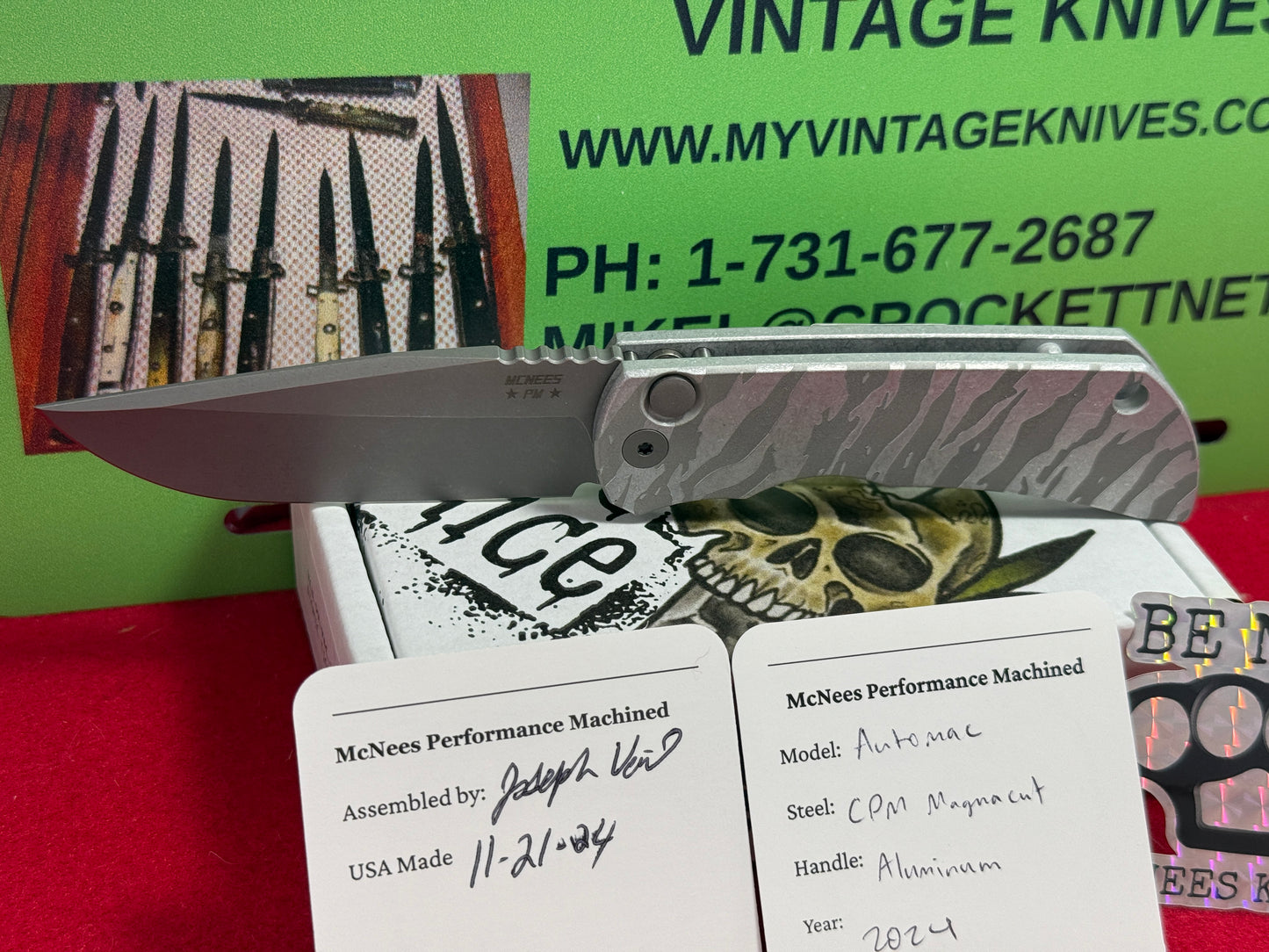 McNEES KNIVES USA 11/24 CUSTOM AUTOMATIC AUTOMAC CPM MAGNACUT MCN-PM-MAC-2 ATOMIC TIGER STRIPES TACTICAL AUTOMATIC KNIFE ALUMINUM HANDLES