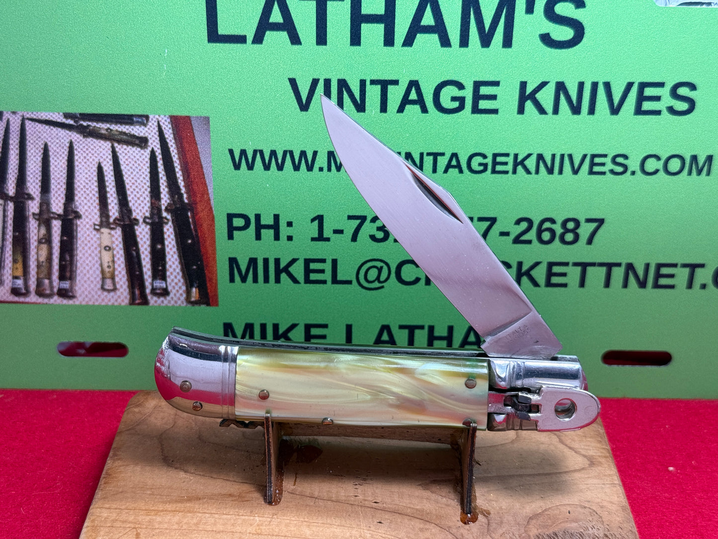 EDGECO ITALY STAINLESS 1990-95 LEVER AUTOMATIC ITALIAN AUTOMATIC KNIFE GREEN PEARLX COMPOSITION HANDLES