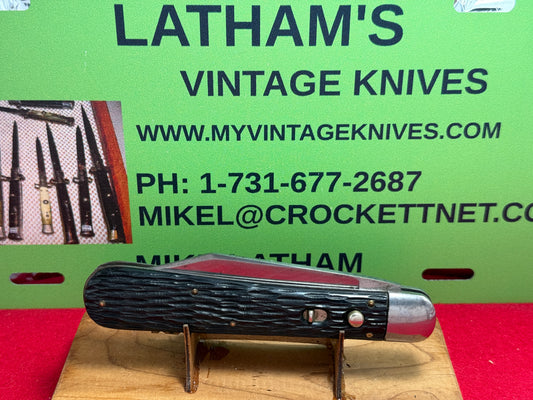 SCHRADE WALDEN NY USA 1950-56 ETCHED PARA TROOPER 4 7/8" VINTAGE AMERICAN AUTOMATIC KNIFE BLACK IMITATION COMPOSITION HANDLES