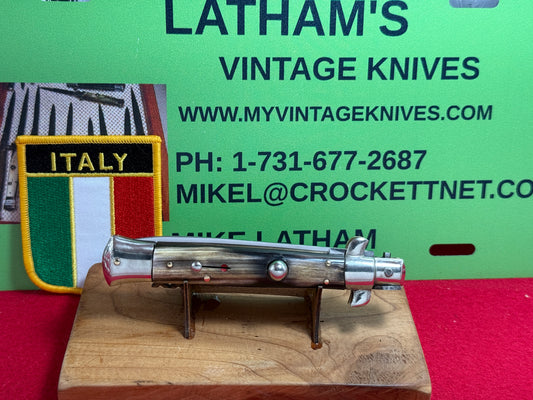 ROSTFREI IMPORT ITALY 1962-68 SWIVEL BOLSTER STILETTO FLAT BLADE ITALIAN AUTOMATIC KNIFE BUFFALO HORN HANDLES