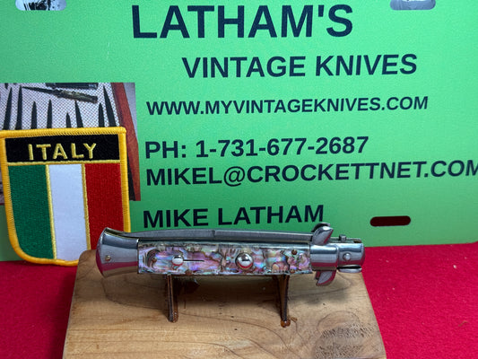 FRANK B. ITALY 2009 LIMITED EDITON SWIVEL BOLSTER STILETTO DAMASCUS STEEL BAYO BLADE 23 CM ITALIAN AUTOMATIC KNIFE ABALONE PEARL HANDLES