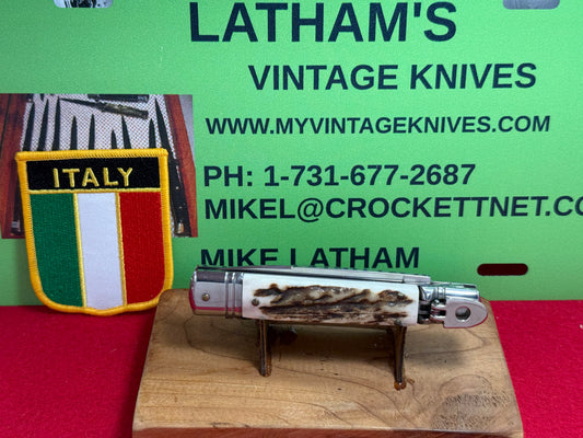 G.O.M. ITALY 2005-2010 LEVER AUTOMATIC 20 CM ITALIAN AUTOMATIC KNIFE STAG HANDLES