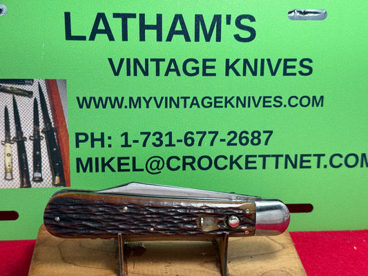 PRESTO GEO. SCHRADE BRIDGEPORT CONN. 1940-56 LARGE HUNTER 5" VINTAGE AMERICAN AUTOMATIC KNIFE BROWN JIGGED BONE HANDLES