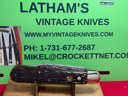 PRESTO GEO. SCHRADE BRIDGE PORT CONN. 1940-56 CUSTOM NUDE ART LARGE HUNTER 5" VINTAGE AMERICAN AUTOMATIC KNIFE BROWN JIGGED BONE HANDLES