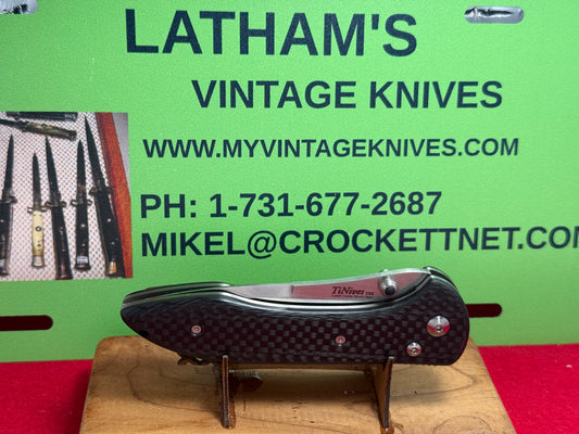 TiNIVES USA LARRY CHEW/ SCOTT SELF CUSTOM AUTOMATIC DOUBLE ACTION TACTICAL AUTOMATIC KNIFE CARBON FIBER HANDLES