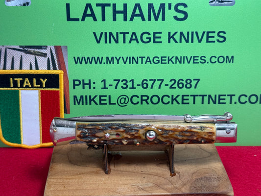 MADE IN ITALY INOXID PATENT 1962-68 SWING GUARD LOCK BACK 28 CM ITALIAN AUTOMATIC KNIFE STAG HANDLES