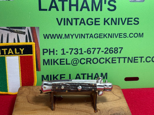 ROSTFREI GERMAN MARKET 1990-99 SWIVEL BOLSTER STILETTO 16 CM ITALIAN AUTOMATIC KNIFE STAG HANDLES