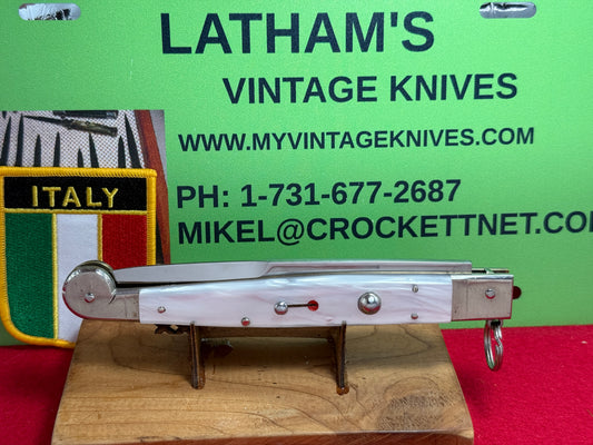 A.G.A. CAMPOLIN MANIAGO ITALY 2012 RING PULL RELEASE SICILIAN FIGHTING KNIFE 12" ITALIAN AUTOMATIC KNIFE WHITE PEARLX COMPOSITION HANDLES