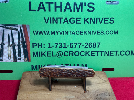 SIMMONS HDWE CO. GERMANY 1926-40 D.R.G.M. / FOREIGN SCALE RELEASE SINGLE BLADE GERMAN AUTOMATIC KNIFE BROWN JIGGED BONE HANDLES