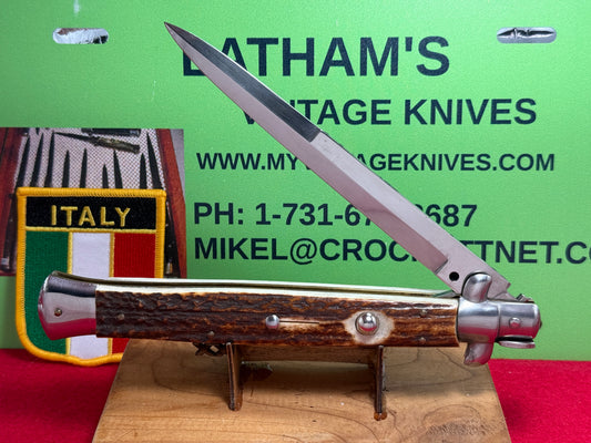 STILETTO ITALY 2000-2005 SWIVEL BOLSTER STILETTO 33 CM ITALIAN AUTOMATIC KNIFE STAG HANDLES