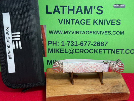 STEIGERWALT, KEN CUSTOM 2016 SEASHELL PATTERN DAGGER BLADE CUSTOM AUTOMATIC KNIFE PEARL HANDLES