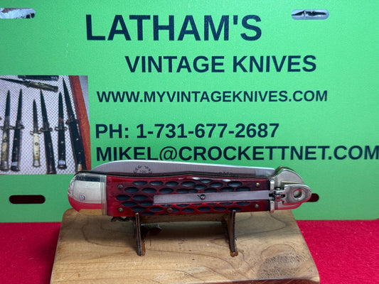 HUBERTUS SOLINGEN GERMANY 2004 LEVER AUTOMATIC LIMITED EDITION #34 OF 100 JAGDMESSER G. GRAFRATH 13 CM GERMAN AUTOMATIC KNIFE RED JIGGED BONE HANDLES