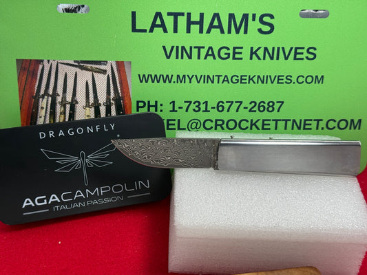 A.G.A. CAMPOLIN ITALY 2024 DRAGONFLY TRI-FOLDING OTTONELLO DESIGN ITALIAN MANUAM OPENING KNIFE DAMACUS STEEL BLADE ALL METAL HANDLE