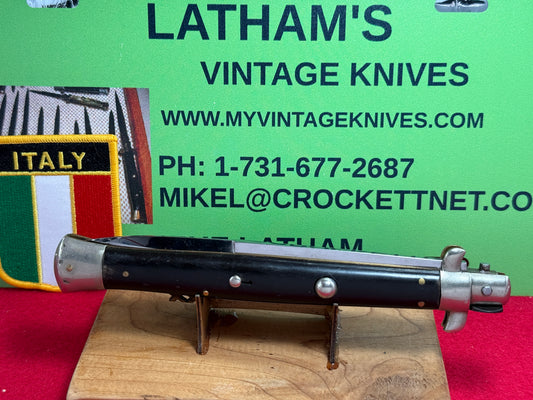 CIZ TRADE MARK INOX 1952-56 PICK LOCK STILETTO 33 CM ITALIAN AUTOMATIC KNIFE BLACK BUFFALO HORN HANDLES