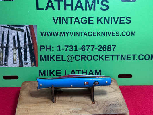 EDGEMASTER USA 1936-56 SLIM FISH TAIL NO BOLSTERS 4" VINTAGE AMERICAN AUTOMATION KNIFE BLUE COMPOSITION HANDLES