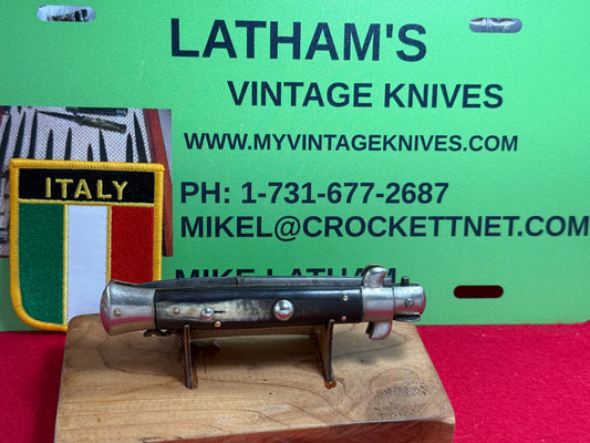 M.I. ITALY IN CIRCLE 1950-56 PICK LOCK STILETTO 23 CM ITALIAN AUTOMATIC KNIFE BUFFALO HORN HANDLES