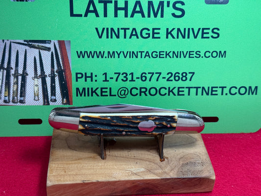 A.G. RUSSELL SPRINGDALE ARK. 1991 GERMAN LARGE MUSKRAT SLIP JOINT MANUAL OPEN KNIFE STAG HANDLES