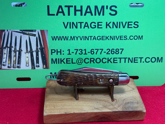 SCHRADE CUT CO. WALDEN NY. 1916-46 MILITARY PARATROOPER 4 1/4" VINTAGE AMERICAN AUTOMATIC KNIFE JIGGED BONE HANDLES