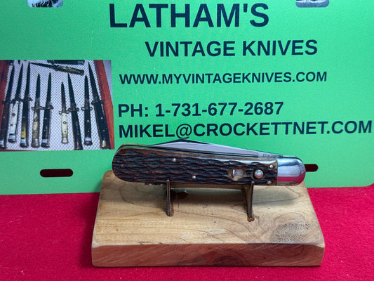 PRESTO GEO. SCHRADE BRIDGEPORT CONN. 1940-56 HUNTER 5" VINTAGE AMERICAN AUTOMATIC KNIFE JIGGED BONE HANDLES