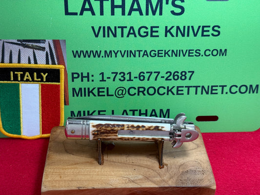 AKC ITALY 2005-2010 LEVER STILETTO LEVERLETTO DAMACUS STEEL ITALIAN AUTOMATIC KNIFE STAG HANDLES