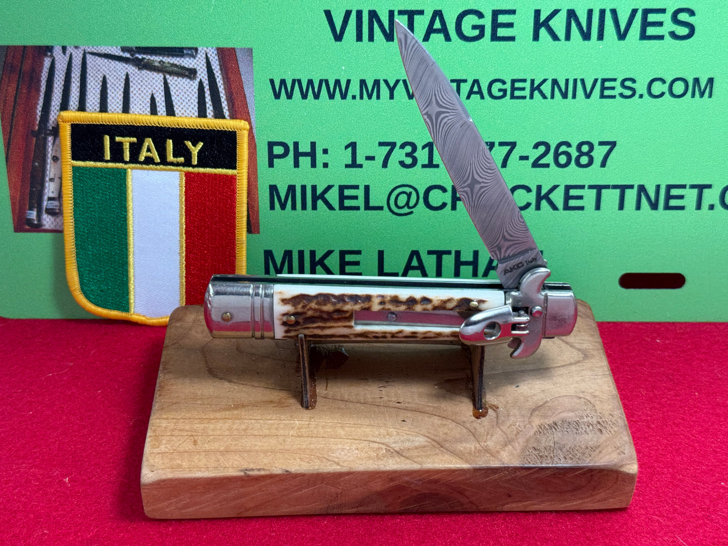 AKC ITALY 2005-2010 LEVER STILETTO LEVERLETTO DAMACUS STEEL ITALIAN AUTOMATIC KNIFE STAG HANDLES