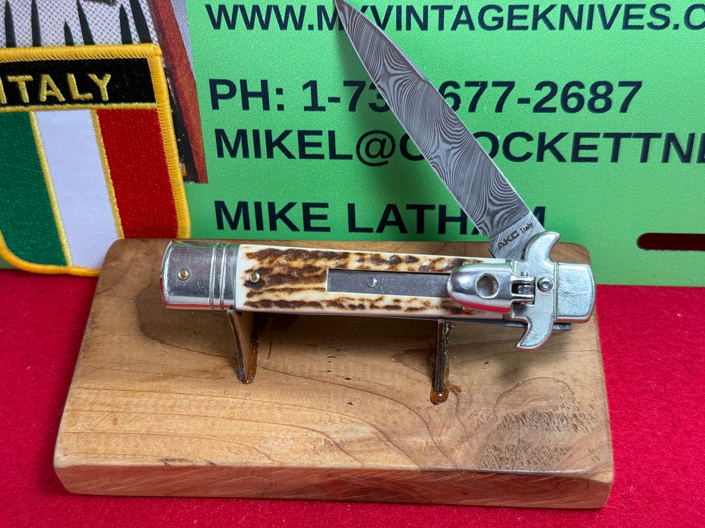 AKC ITALY 2005-2010 LEVER STILETTO LEVERLETTO DAMACUS STEEL ITALIAN AUTOMATIC KNIFE STAG HANDLES