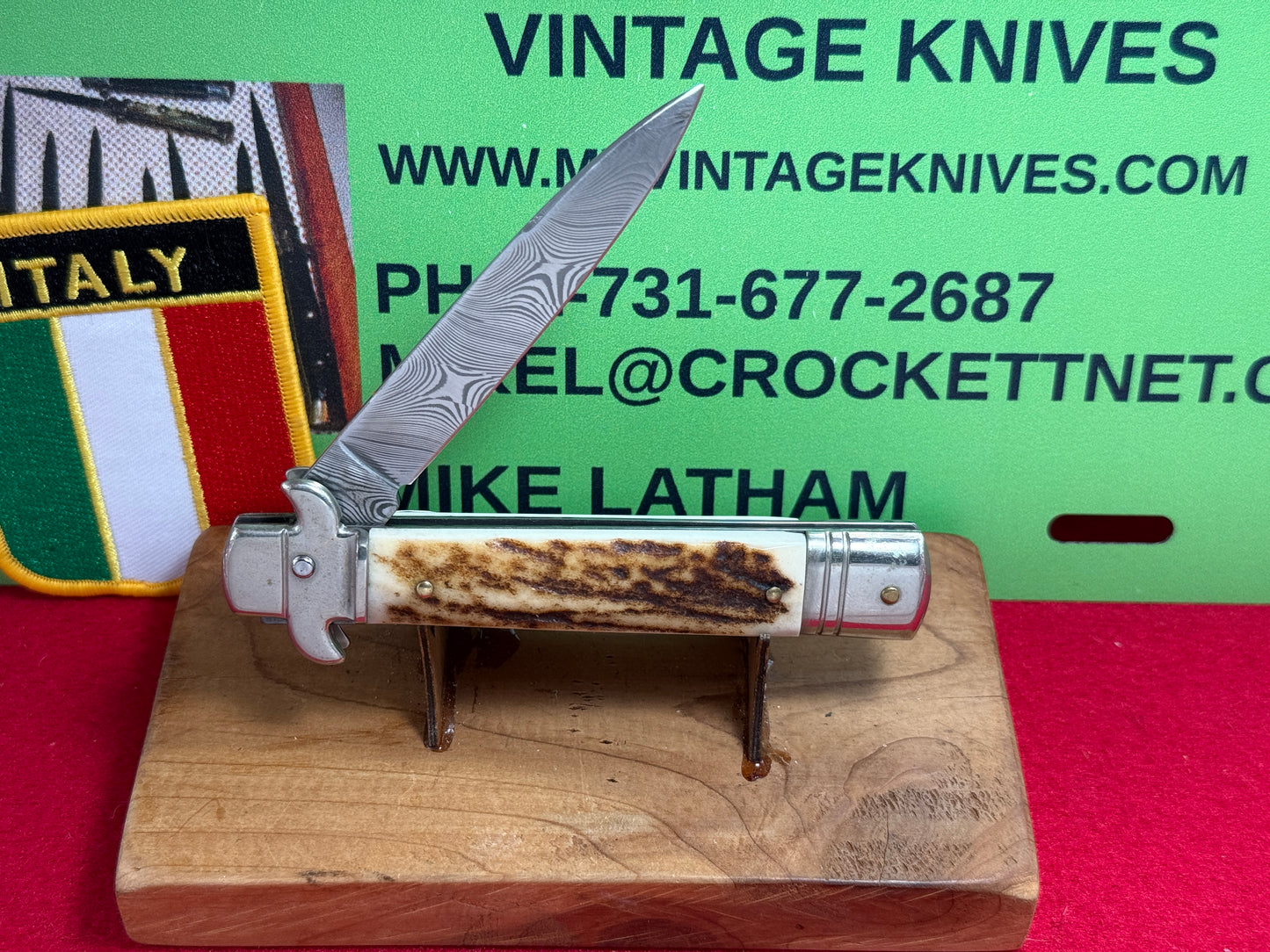 AKC ITALY 2005-2010 LEVER STILETTO LEVERLETTO DAMACUS STEEL ITALIAN AUTOMATIC KNIFE STAG HANDLES