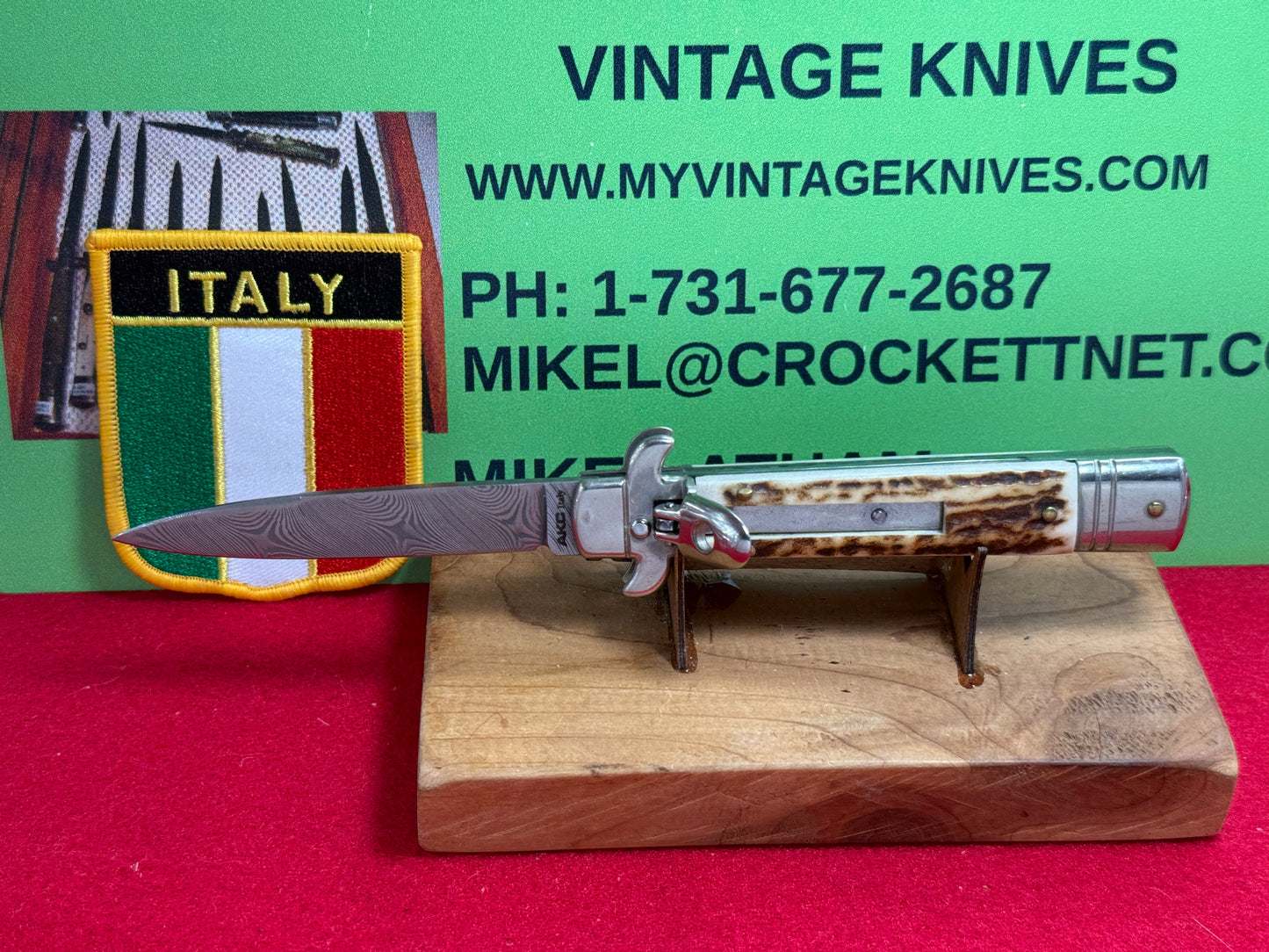 AKC ITALY 2005-2010 LEVER STILETTO LEVERLETTO DAMACUS STEEL ITALIAN AUTOMATIC KNIFE STAG HANDLES