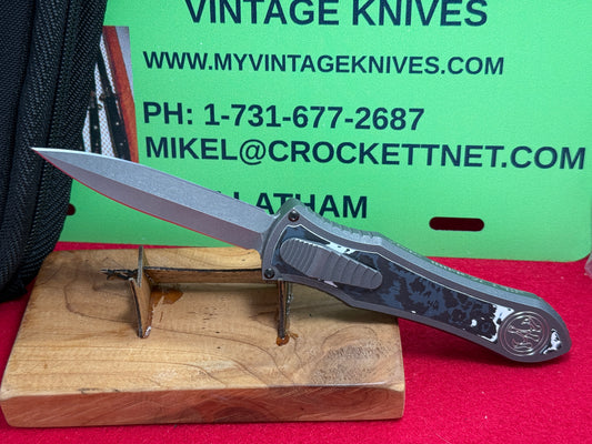 HAWK, G&G CUSTOM 2024 DEADLOCK OTF BLADE SHOW ED MAGNACUT Ti MODEL "C" CUSTOM AUTOMATIC KNIFE WHITE MARBLE FAT CARBON FIBER HANDLES Ti BODY