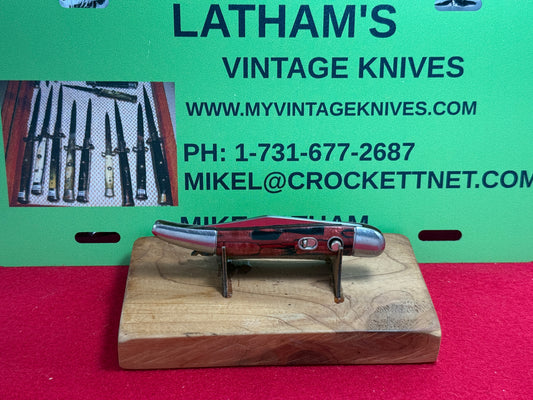 HAMMER BRAND IMPERIAL CUTLERY PROV. RI. USA 1945-55 LARGE TOOTHPICK VINTAGE AMERICAN AUTOMATIC KNIFE PURPLE WITH BLACK COLOR SHELL WRAPED HANDLES