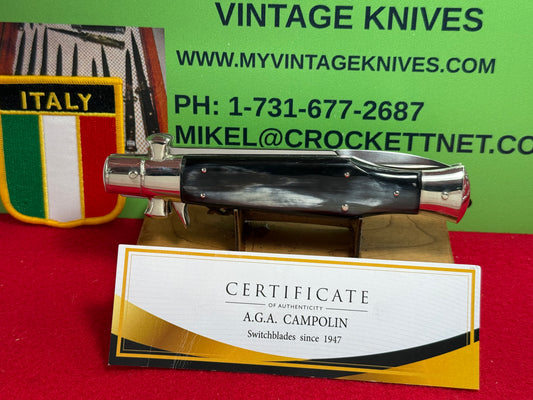 A.G.A. CAMPOLIN MANIAGO ITALY 2023 SQUARE BUTTON FULCURM RELEASE BLACK WIDOW ITALIAN AUTOMATIC KNIFE BRAZILIAN HORN HANDLES